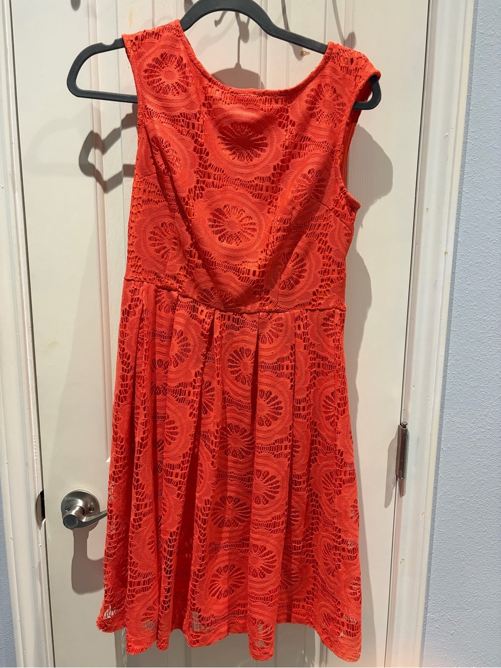 London Times Bright Orange Lace Dress with Feminine Silhouette